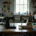 Side-by-side comparison of a mechanical sewing machine with dials and a computerized model with a screen on a messy table covered in fabric scraps and dust