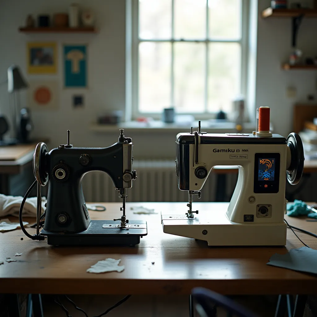 Side-by-side comparison of a mechanical sewing machine with dials and a computerized model with a screen on a messy table covered in fabric scraps and dust
